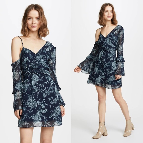 Keepsake The Label Mini Dress XXS Navy Blue Paisley Go With It One Shoulder - Picture 1 of 8